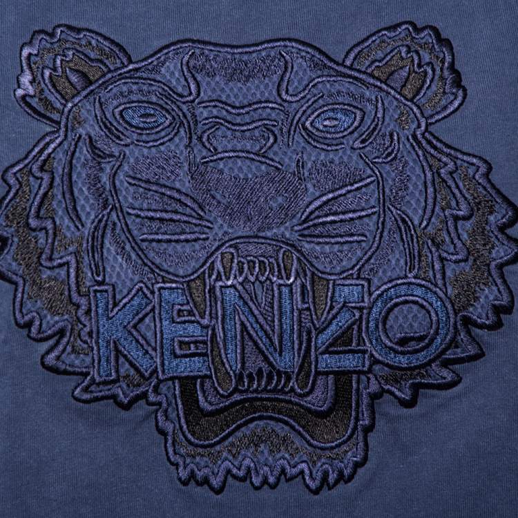Pre Owned Kenzo Blue Cotton Tiger Embroidered Detail Round Neck T-Shirt S