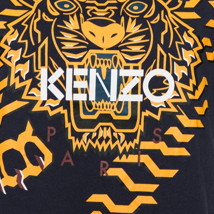 Pre Owned Kenzo Blue Cotton Tiger Logo Printed Round Neck T-Shirt M