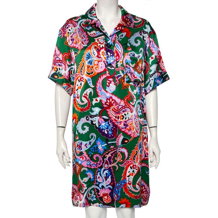 مملوكة مسبقًا Kenzo Green Paisley Print Silk Shirt Dress L 