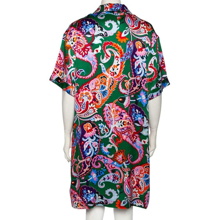 مملوكة مسبقًا Kenzo Green Paisley Print Silk Shirt Dress L 