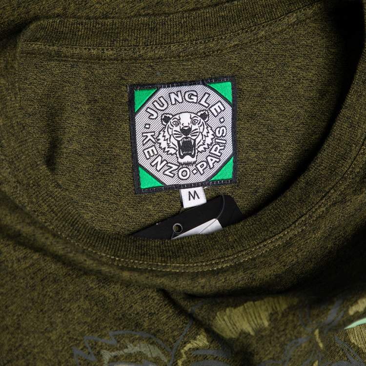 Pre Owned Kenzo Olive Green Tiger Print Melange Cotton Crew Neck T-Shirt M