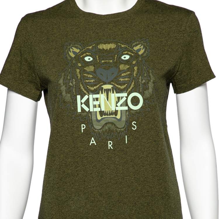 Pre Owned Kenzo Olive Green Tiger Print Melange Cotton Crew Neck T-Shirt M