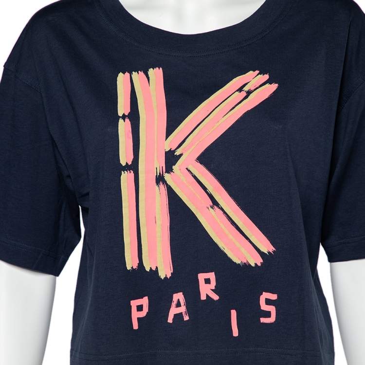 مملوكة مسبقًا Kenzo Navy Blue K Logo Print Cotton Crew Neck Cropped T-Shirt XL
