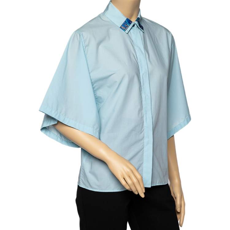 Pre Owned Kenzo Blue Cotton Collar Patch Detail Oversized Sleeve Shirt M