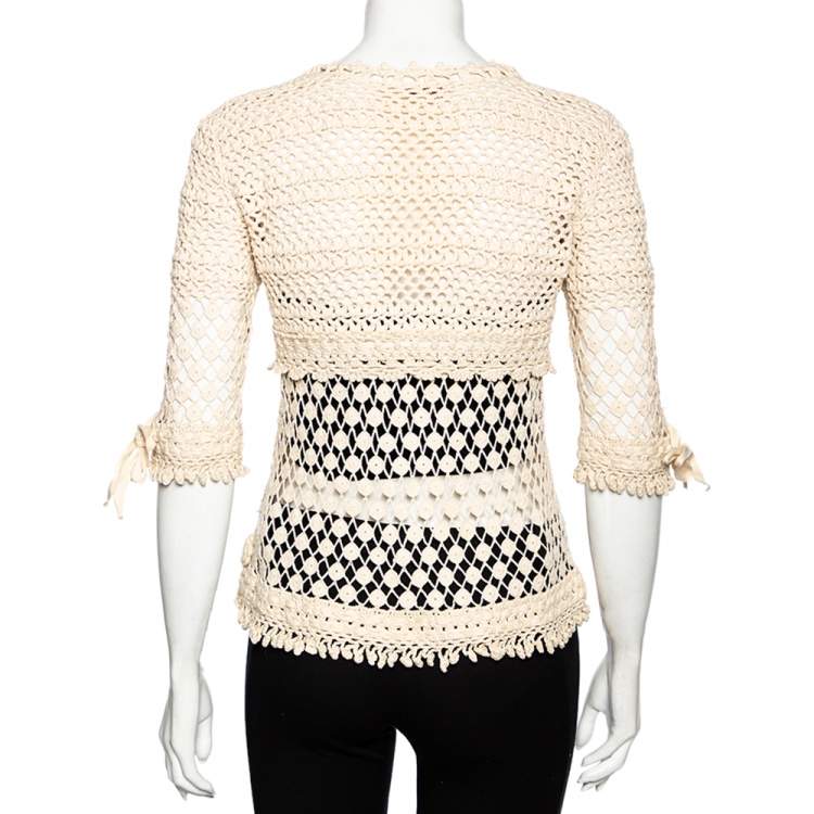 Pre Owned Kenzo Cream Crochet Knit Floral Detailed Tie-Up Jacket M