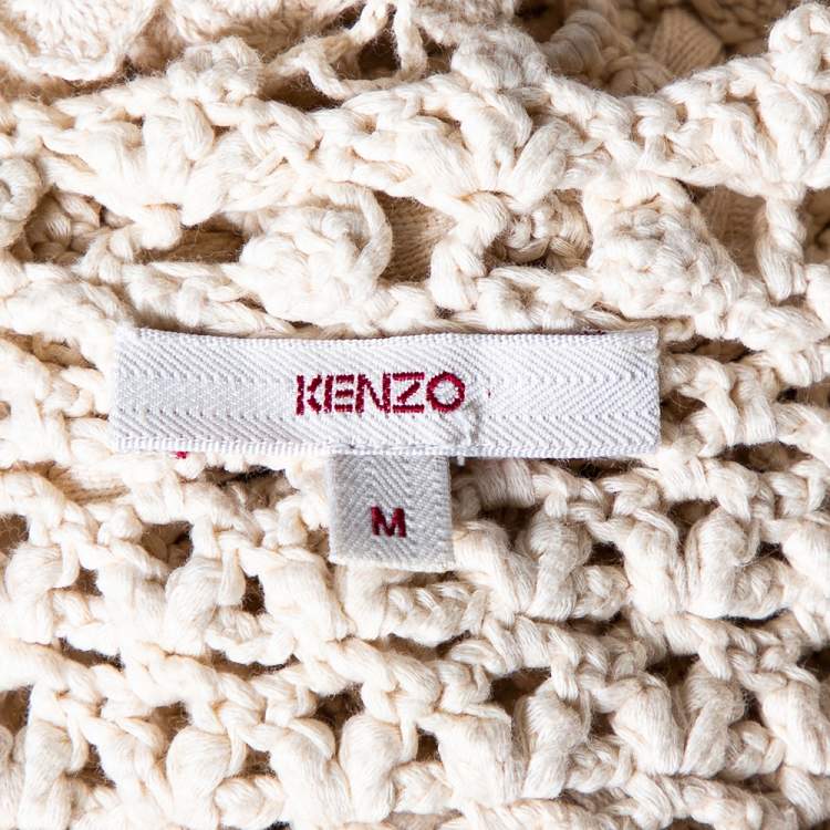 Pre Owned Kenzo Cream Crochet Knit Floral Detailed Tie-Up Jacket M