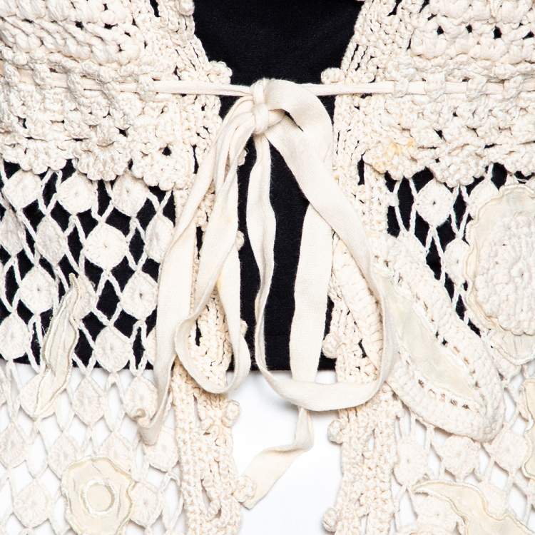 Pre Owned Kenzo Cream Crochet Knit Floral Detailed Tie-Up Jacket M