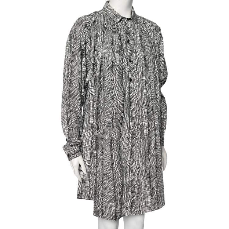 Pre Owned Kenzo Monochrome Printed Cotton Pleated Oversized Shirt Dress S