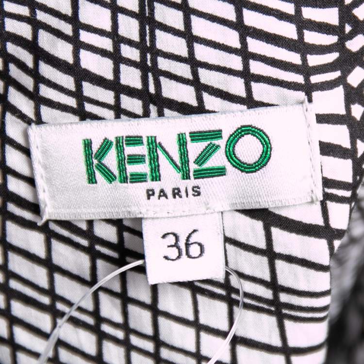 Pre Owned Kenzo Monochrome Printed Cotton Pleated Oversized Shirt Dress S