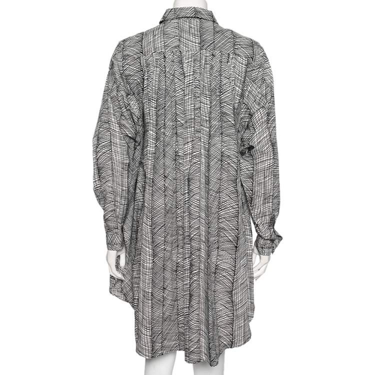 Pre Owned Kenzo Monochrome Printed Cotton Pleated Oversized Shirt Dress S