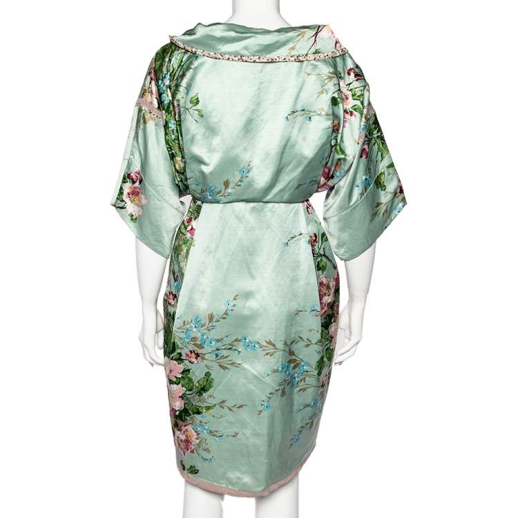 Pre Owned Kenzo Mint Green Floral Print Linen Blend Double Breasted Coat M