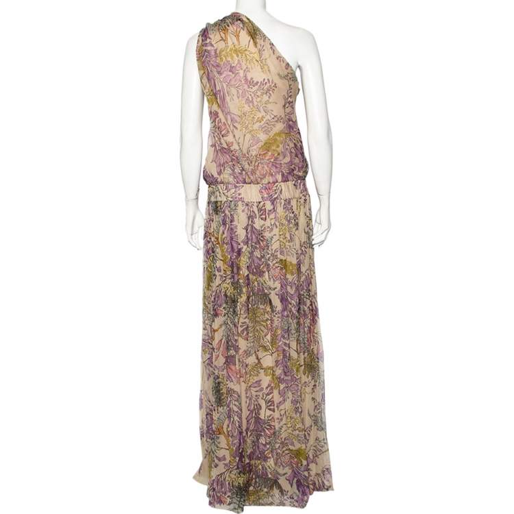 Pre Owned Kenzo Pale Beige Floral Printed Silk Cinched Waist Detail Tie-Up Maxi Dress L