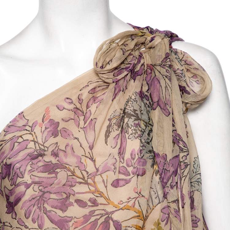 Pre Owned Kenzo Pale Beige Floral Printed Silk Cinched Waist Detail Tie-Up Maxi Dress L