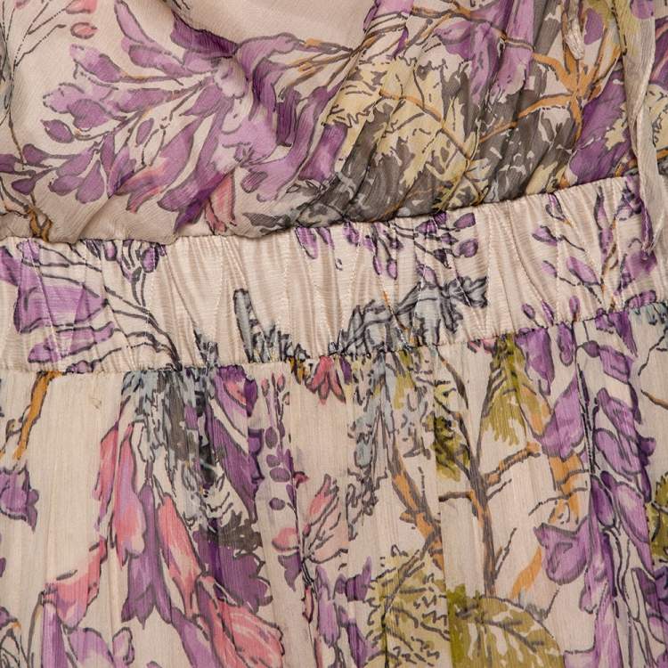 Pre Owned Kenzo Pale Beige Floral Printed Silk Cinched Waist Detail Tie-Up Maxi Dress L