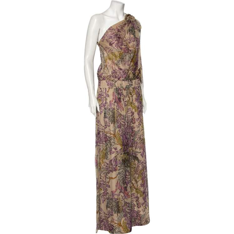 Pre Owned Kenzo Pale Beige Floral Printed Silk Cinched Waist Detail Tie-Up Maxi Dress L