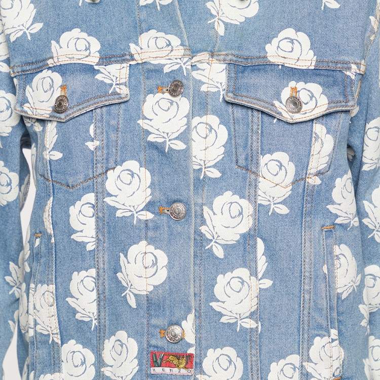 Pre Owned Kenzo Blue Rose Printed Denim Button Front Jacket L