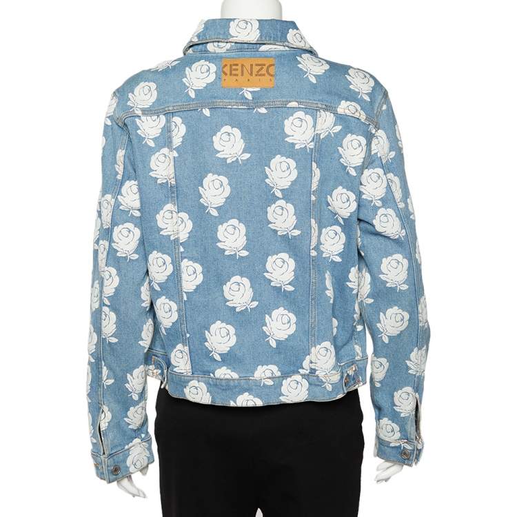 Pre Owned Kenzo Blue Rose Printed Denim Button Front Jacket L