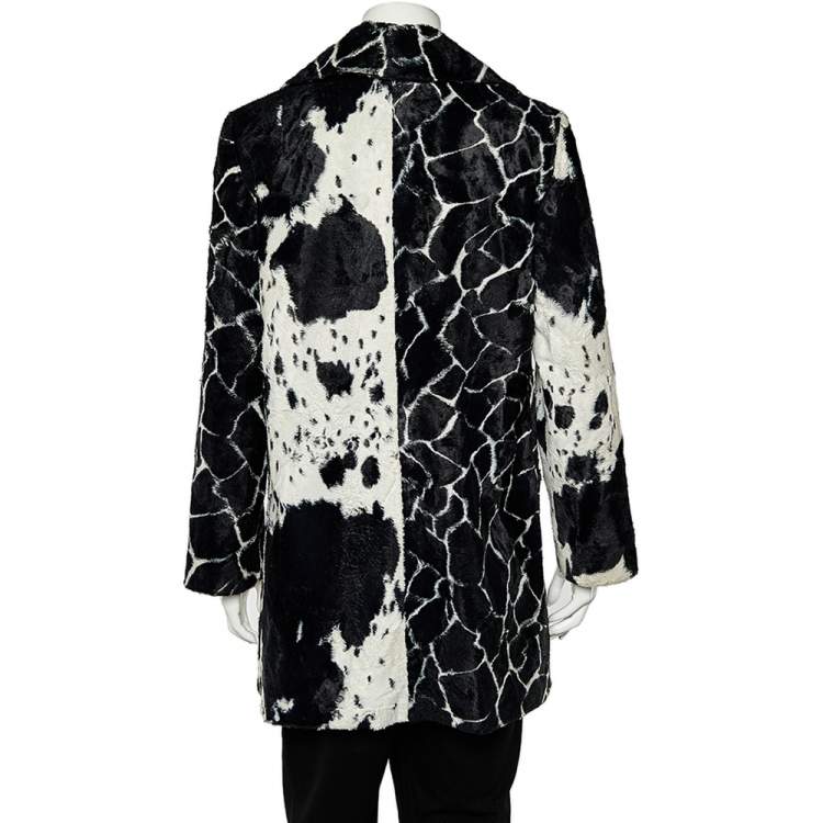 Pre Owned Kenzo Jungle Monochrome Cow Printed Faux Fur Button Front Coat M