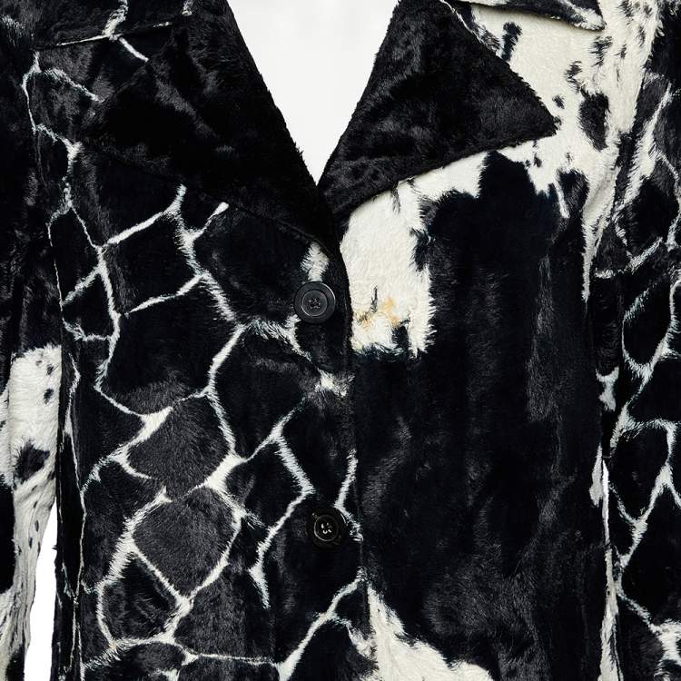 Pre Owned Kenzo Jungle Monochrome Cow Printed Faux Fur Button Front Coat M