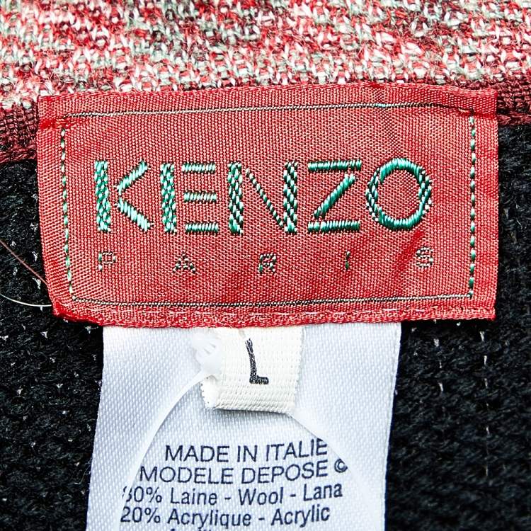 Pre Owned Kenzo Vintage Black Wool Knit Floral Jacquard Patterned Asymmetrical Shrug L