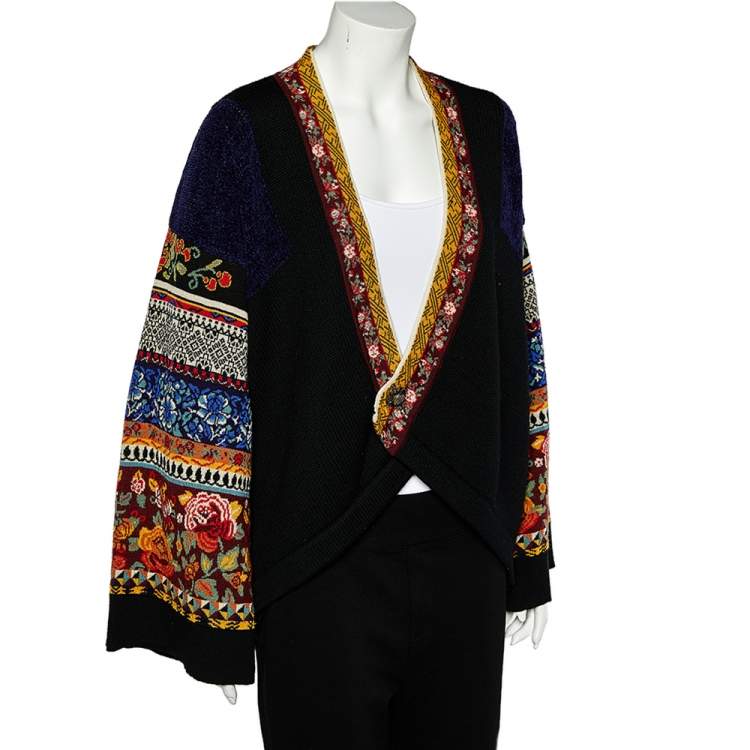 Pre Owned Kenzo Vintage Black Wool Knit Floral Jacquard Patterned Asymmetrical Shrug L