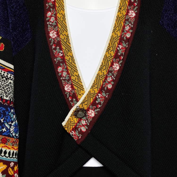 Pre Owned Kenzo Vintage Black Wool Knit Floral Jacquard Patterned Asymmetrical Shrug L