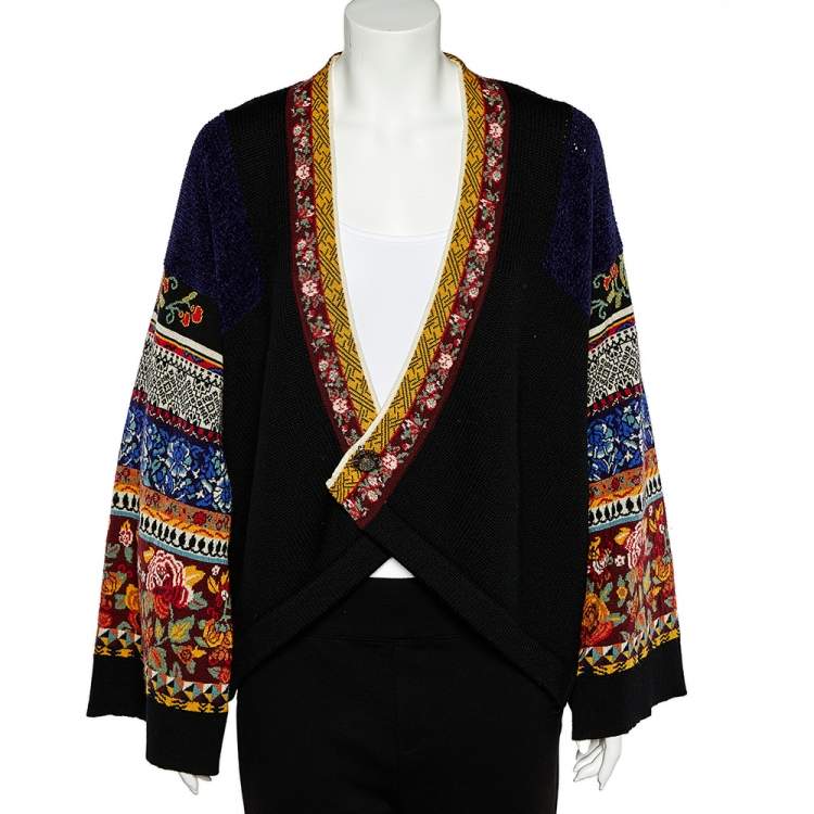 Pre Owned Kenzo Vintage Black Wool Knit Floral Jacquard Patterned Asymmetrical Shrug L