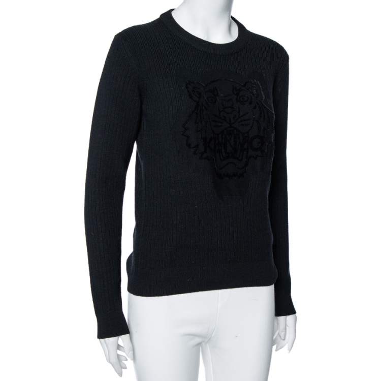 Pre Owned Kenzo Black Wool Knit Flocked Tiger Detailed Sweater M