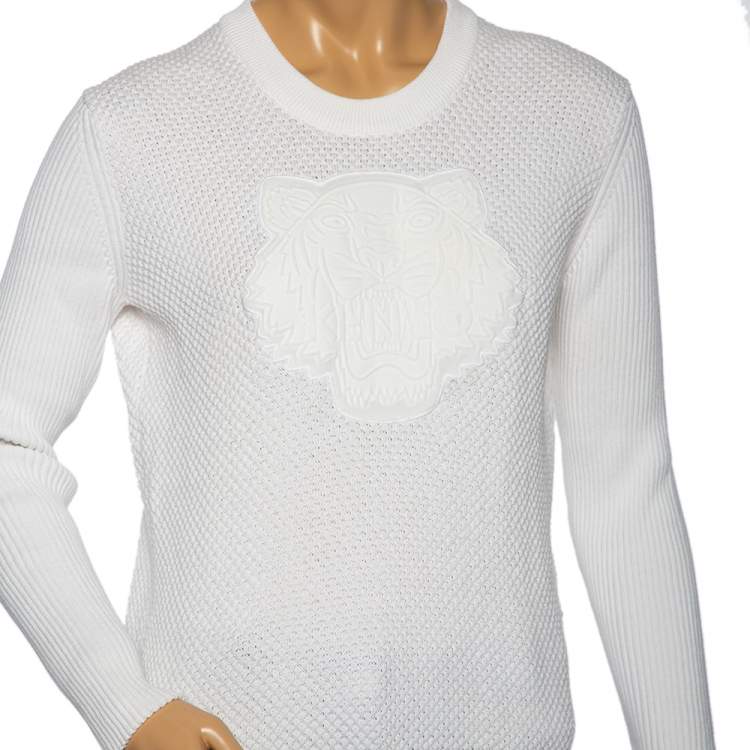 Pre Owned Kenzo White Textured Knit Tiger Embossed Crewneck Sweatshirt M