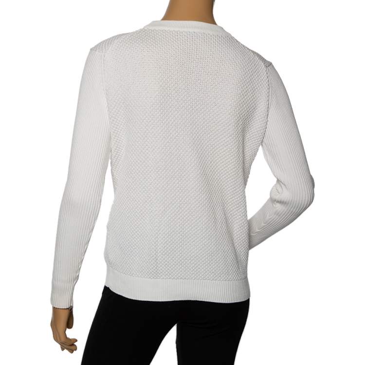 Pre Owned Kenzo White Textured Knit Tiger Embossed Crewneck Sweatshirt M