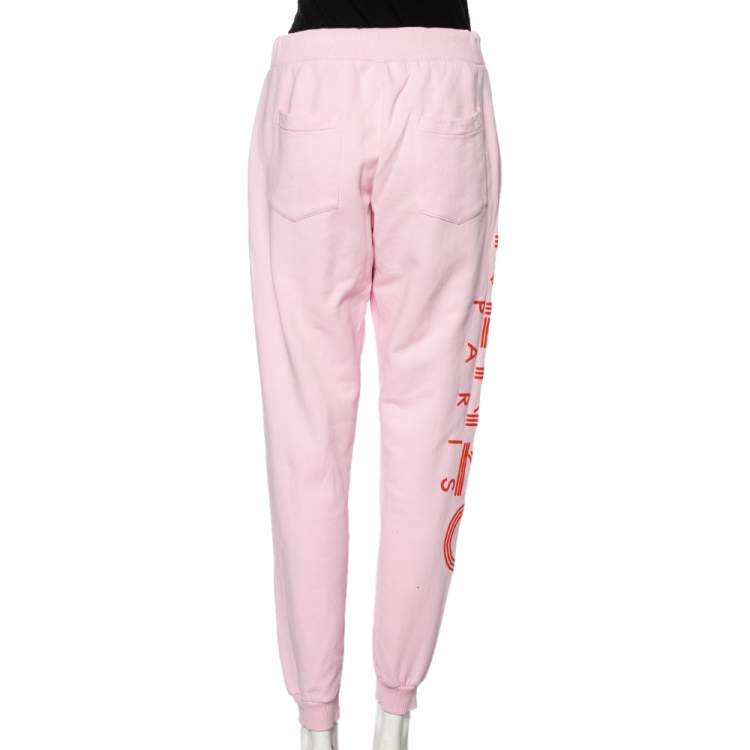 Pre Owned Kenzo Pink Cotton Rib Knit Detailed Logo Printed Sweatpants L