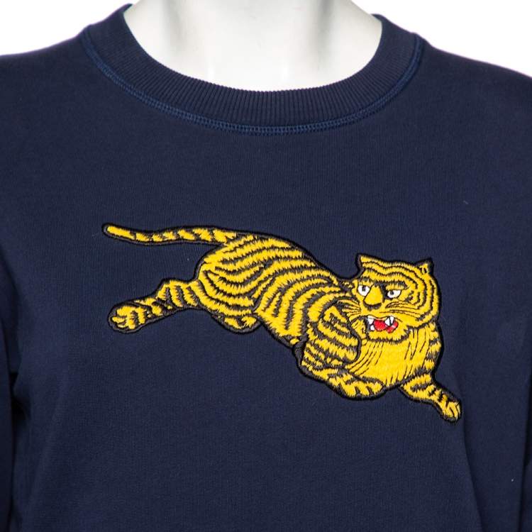 Pre Owned Kenzo Navy Blue Cotton Logo Printed Jumping Tiger Crewneck Sweatshirt S 