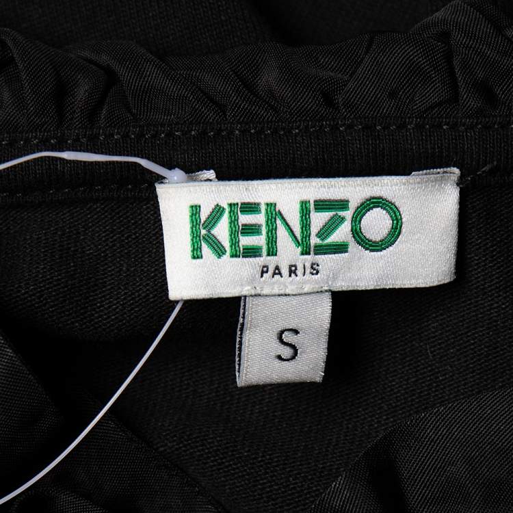 Pre Owned Kenzo Black Cotton Tiger Embroidered Ruffled Trim Detailed Top S 