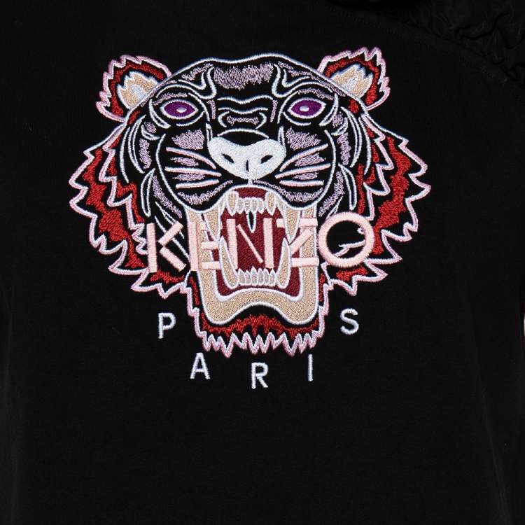 Pre Owned Kenzo Black Cotton Tiger Embroidered Ruffled Trim Detailed Top S 