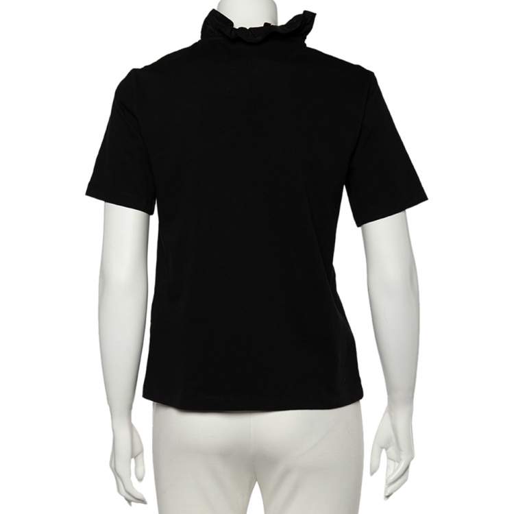 Pre Owned Kenzo Black Cotton Tiger Embroidered Ruffled Trim Detailed Top S 