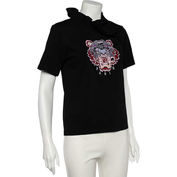 Pre Owned Kenzo Black Cotton Tiger Embroidered Ruffled Trim Detailed Top S 
