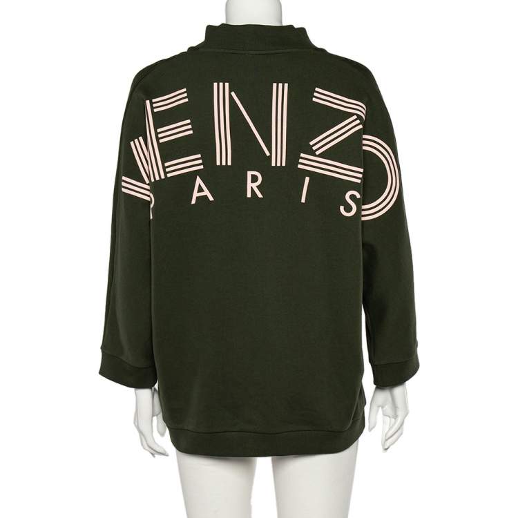 Pre Owned Kenzo Dark Green Logo Print Cotton V-Neck Sweatshirt M