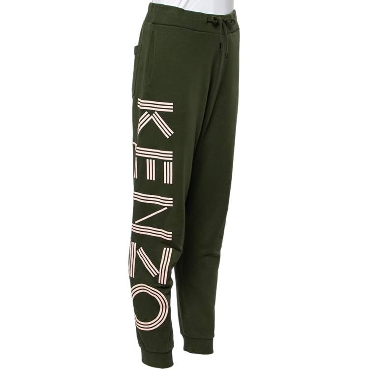 Pre Owned Kenzo Dark Green Logo Print Jersey Jogging Pants S