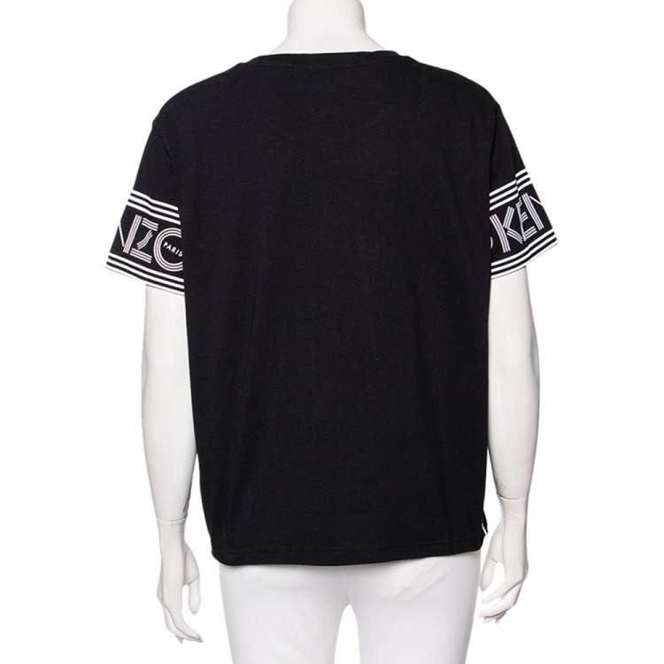 Pre Owned Kenzo Black Cotton Knit Logo Print Sleeve T-Shirt XL