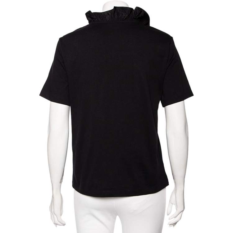 Pre Owned Kenzo Black Cotton Tiger Embroidered Ruffled Trim Detailed Top M