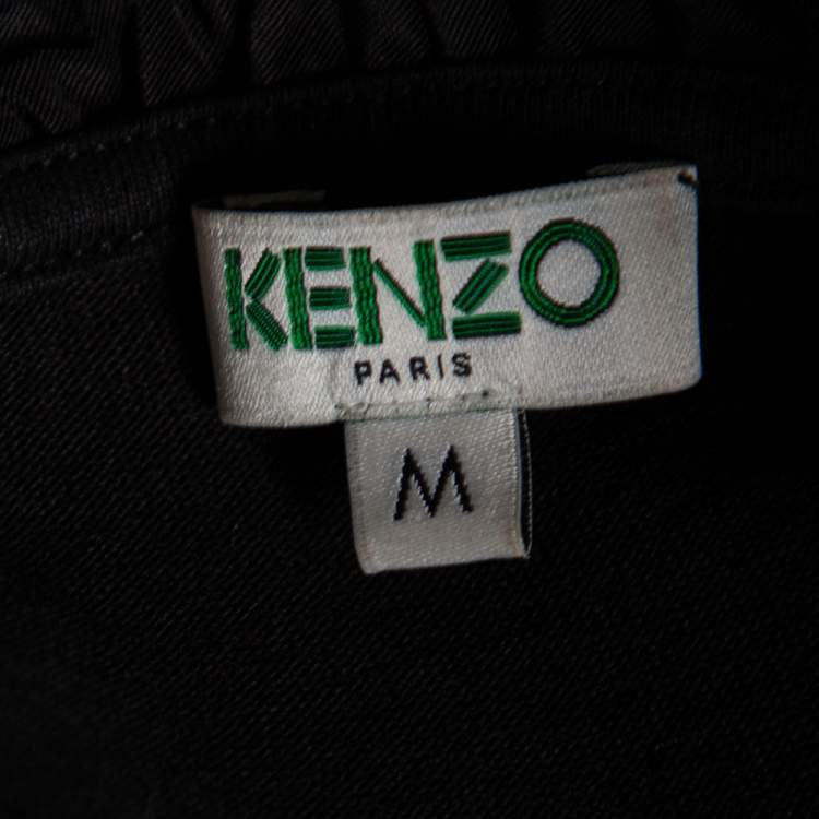 Pre Owned Kenzo Black Cotton Tiger Embroidered Ruffled Trim Detailed Top M