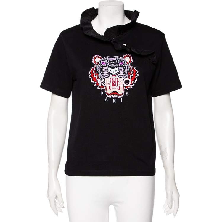 Pre Owned Kenzo Black Cotton Tiger Embroidered Ruffled Trim Detailed Top M