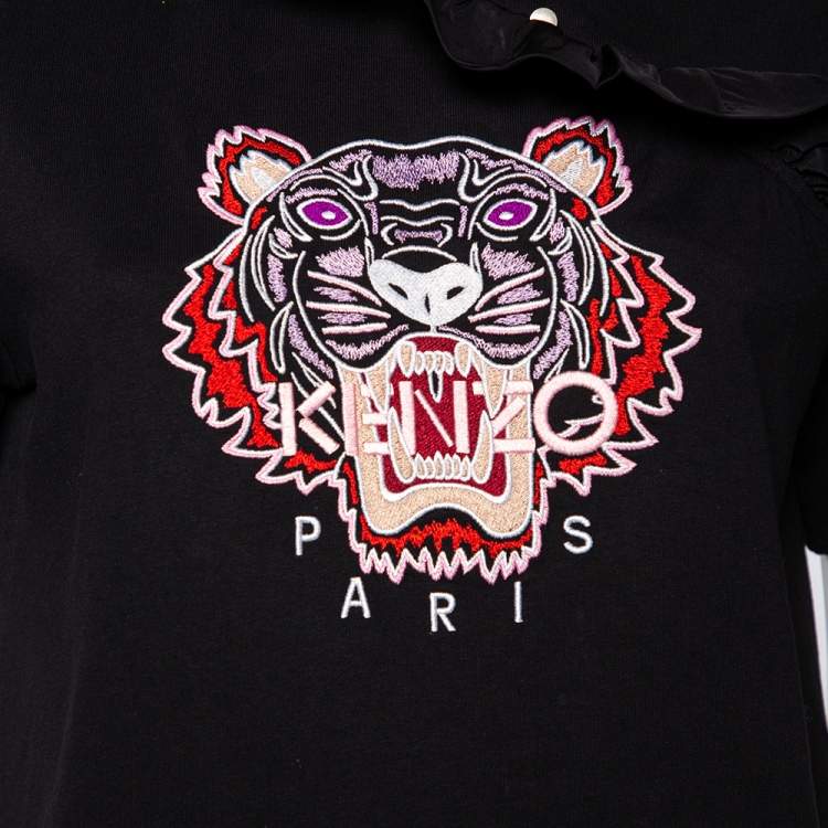 Pre Owned Kenzo Black Cotton Tiger Embroidered Ruffled Trim Detailed Top M