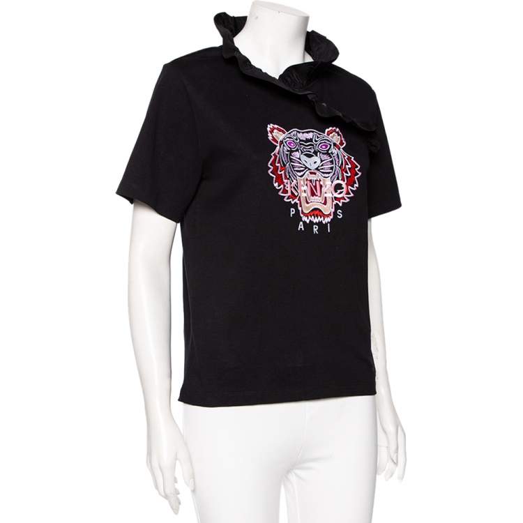 Pre Owned Kenzo Black Cotton Tiger Embroidered Ruffled Trim Detailed Top M