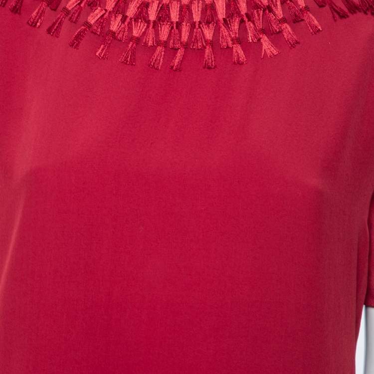Pre Owned Kenzo Red-Blue Silk Tassel Detailed Top M