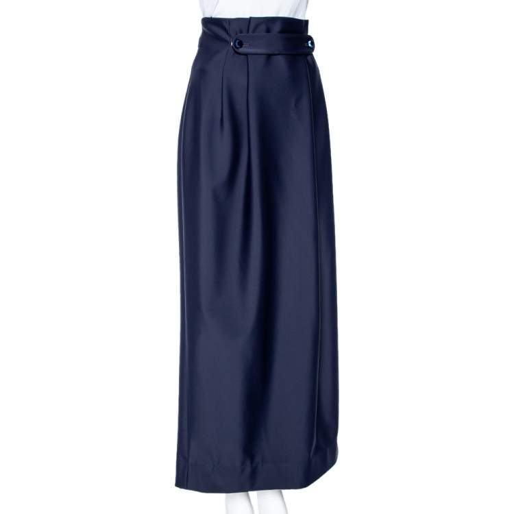 Pre Owned Kenzo Navy Blue Synthetic Buckle Front Detailed Pleated Skirt M