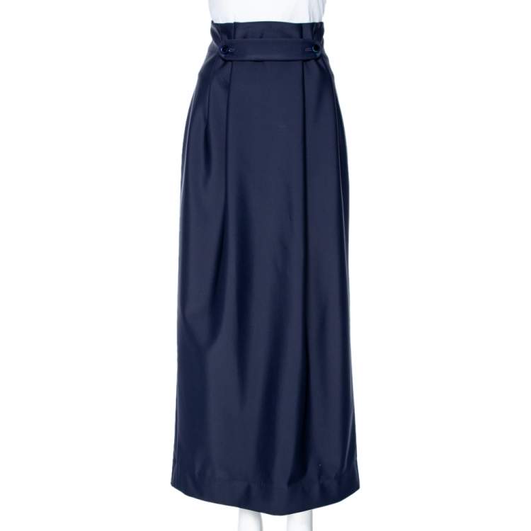 Pre Owned Kenzo Navy Blue Synthetic Buckle Front Detailed Pleated Skirt M