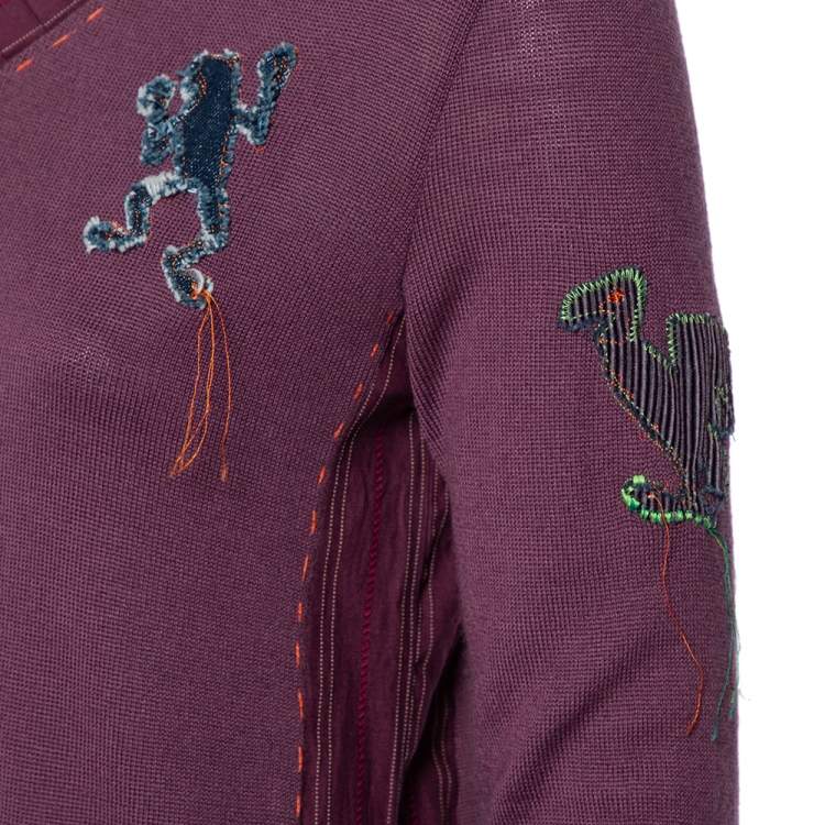 Pre Owned Kenzo Purple Wool Embroidered Detailed Long Sleeve Top S