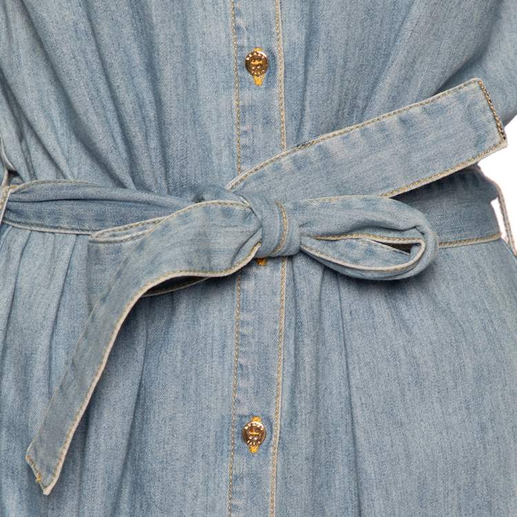 Pre Owned Kenzo Blue Denim Tiger Motif Embroidered Button Front Belted Shirt Dress S 