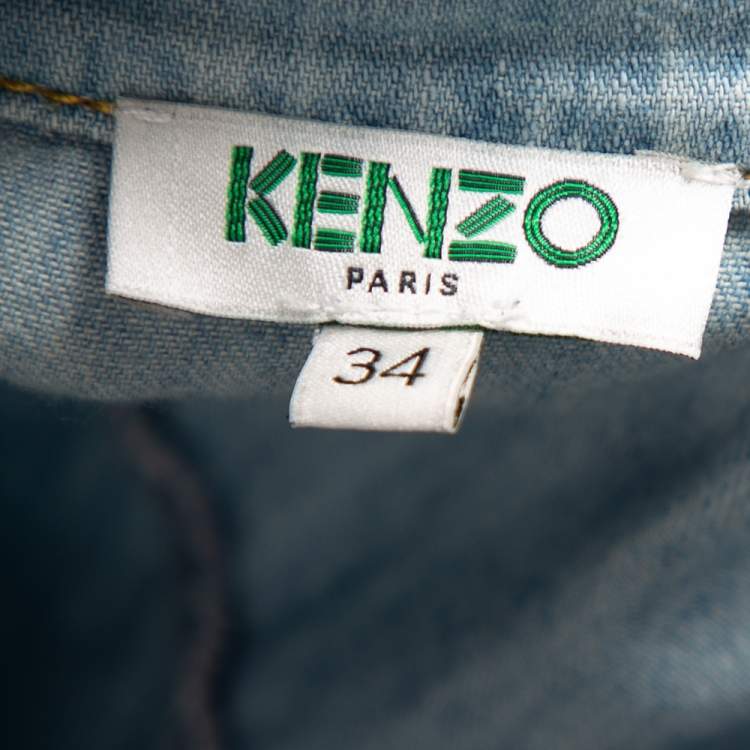 Pre Owned Kenzo Blue Denim Tiger Motif Embroidered Button Front Belted Shirt Dress S 